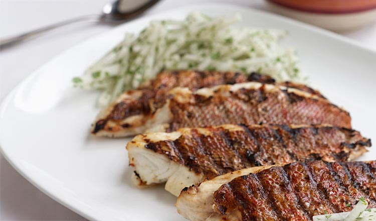 Grilled Red Snapper with Marinated Jícama and Manchamantel Mole