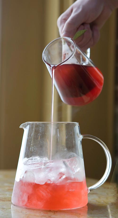 pouring a tisane over ice