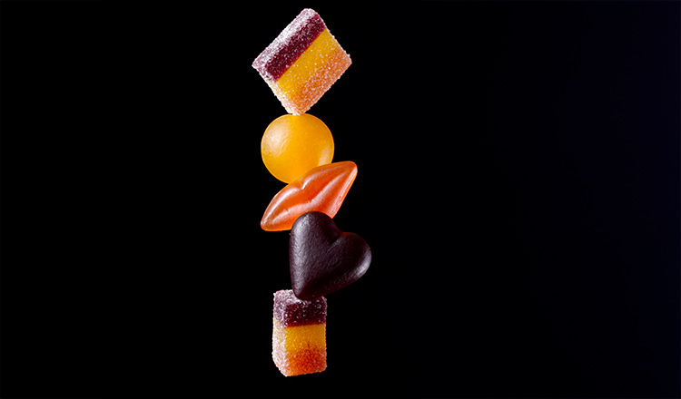 Gel and gummy candies in a stack